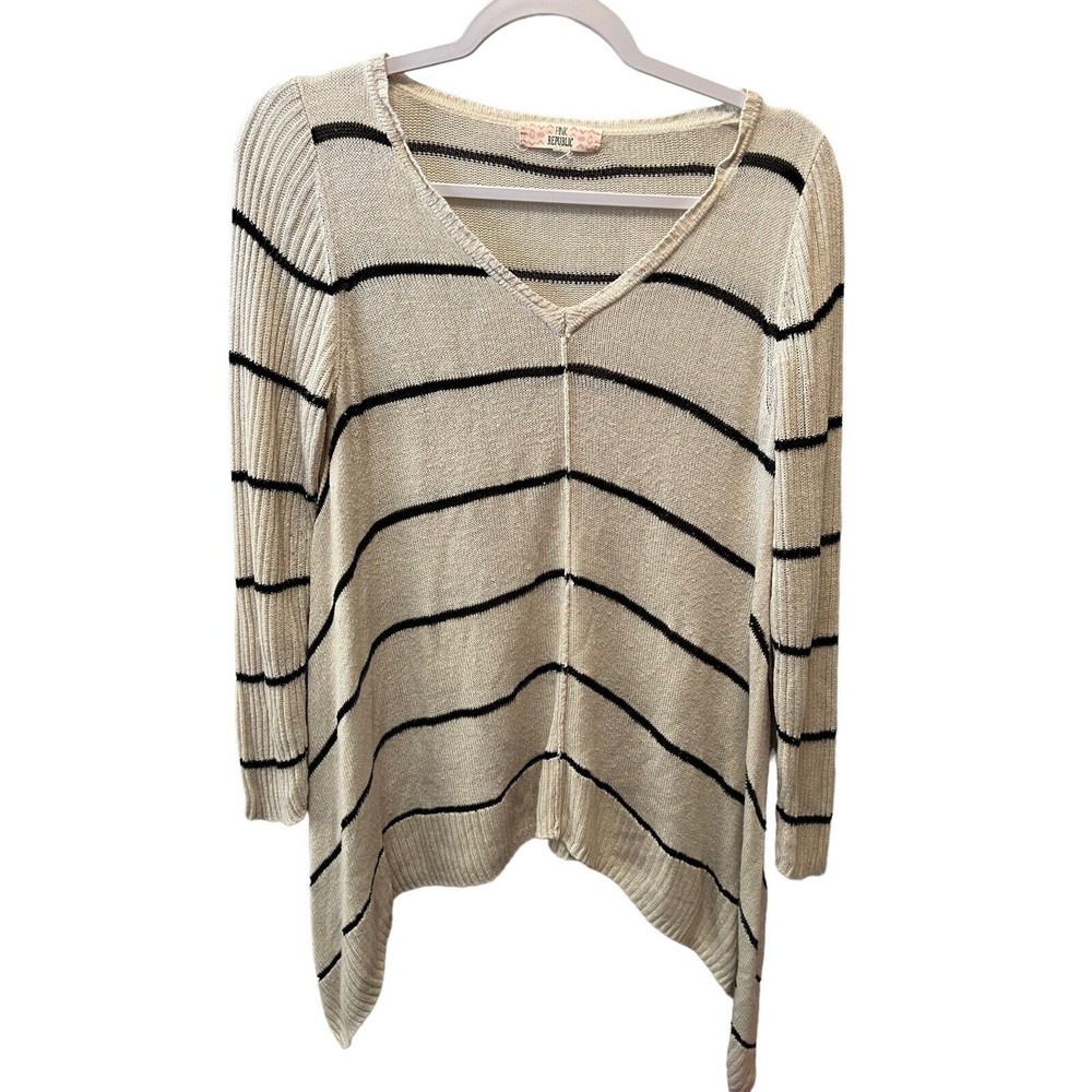 Pink Republic Sweater Long Sleeve V Neck Knit Striped Ivory Black size L